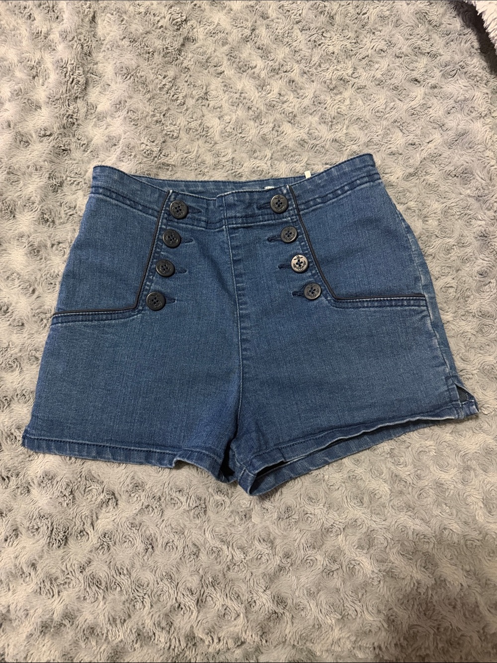 Kimchi Blue High-Waist Button Sailor Denim Shorts - Blue